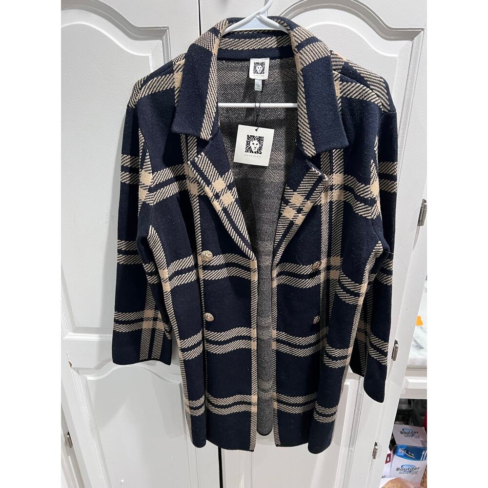 Anne Klein Coatigan Women’s L Plaid Knit Sweater Jacket Double Breasted NWT Navy